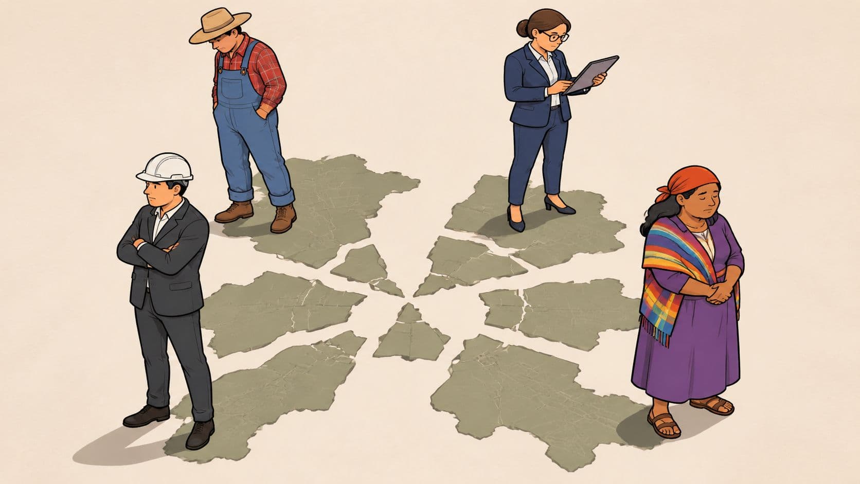 Four diverse professionals standing on separate broken pieces of a map, representing complex stakeholder engagement strategies.