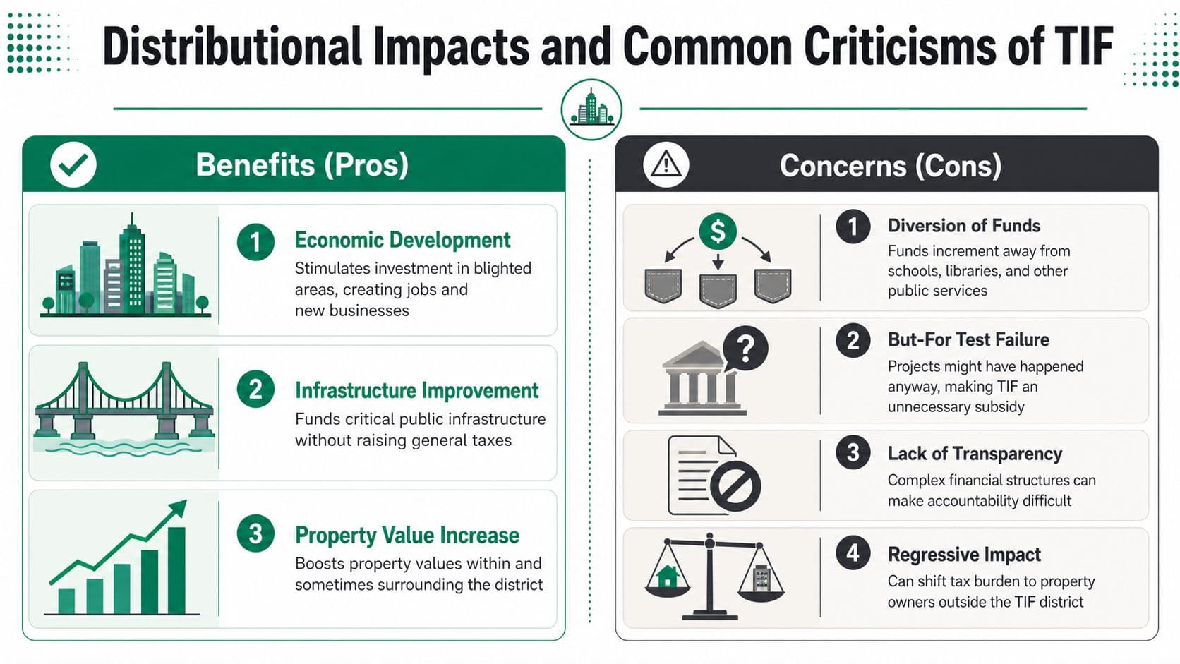 An infographic titled Distributional Impacts and Common Criticisms of TIF, outlining benefits and concerns of tax increment financing.