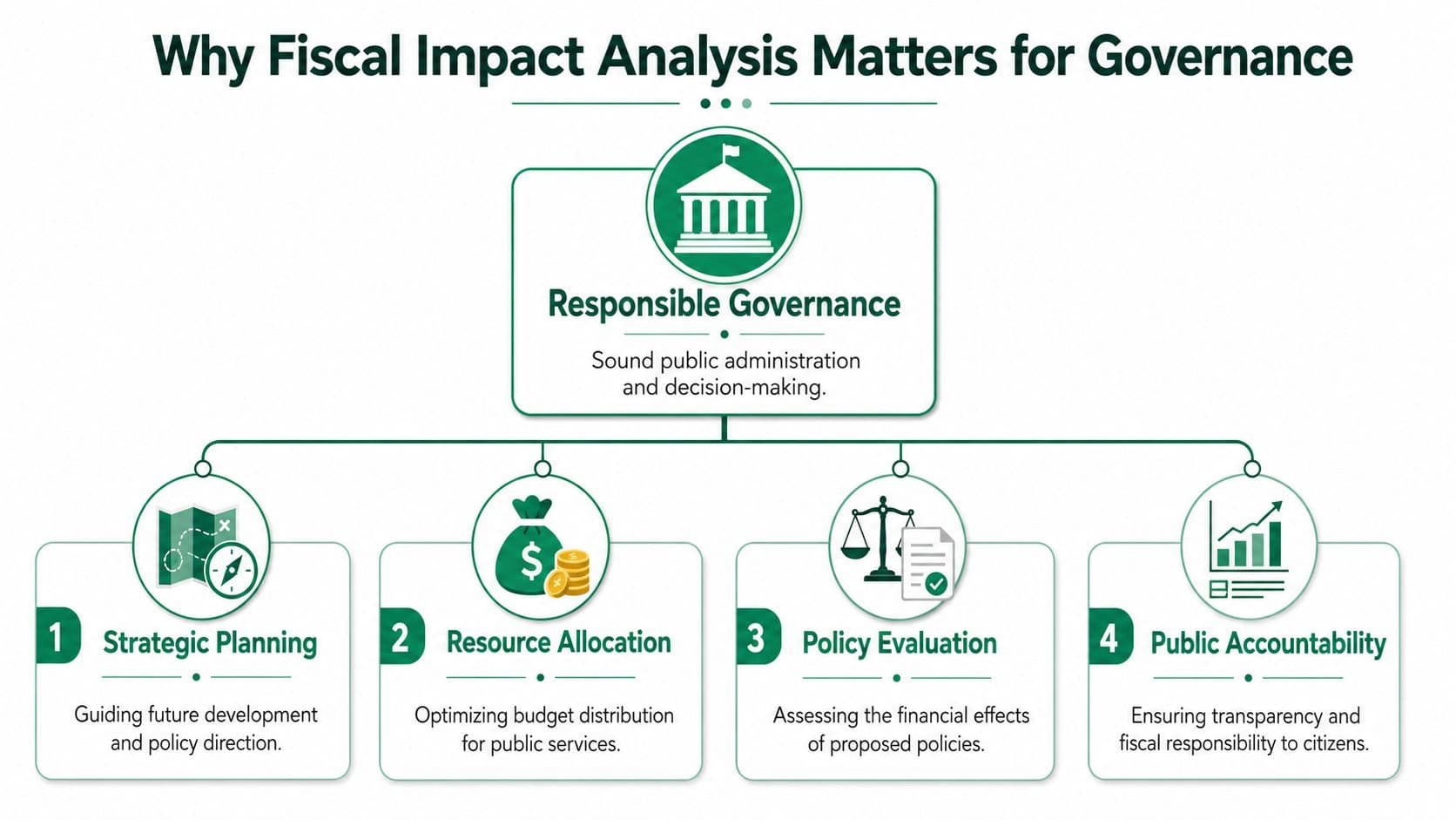A diagram illustrating how fiscal impact analysis supports responsible governance through strategic planning, resource allocation, policy evaluation, and accountability.