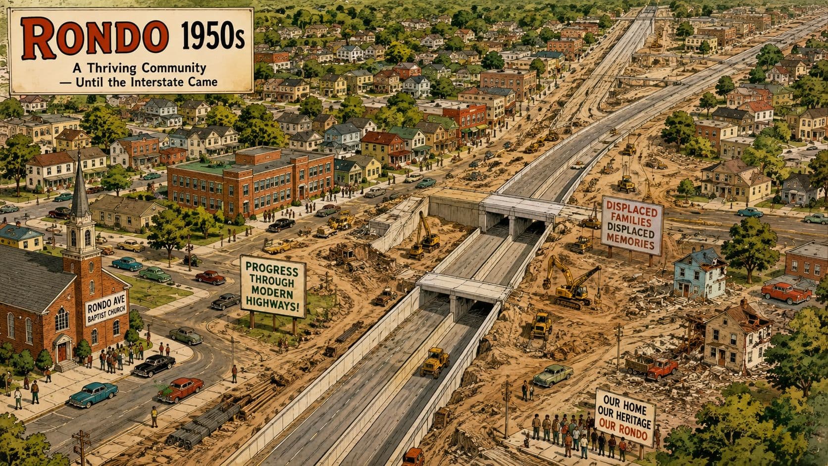 A detailed artistic rendering of the historic Rondo community being divided by the construction of an interstate.