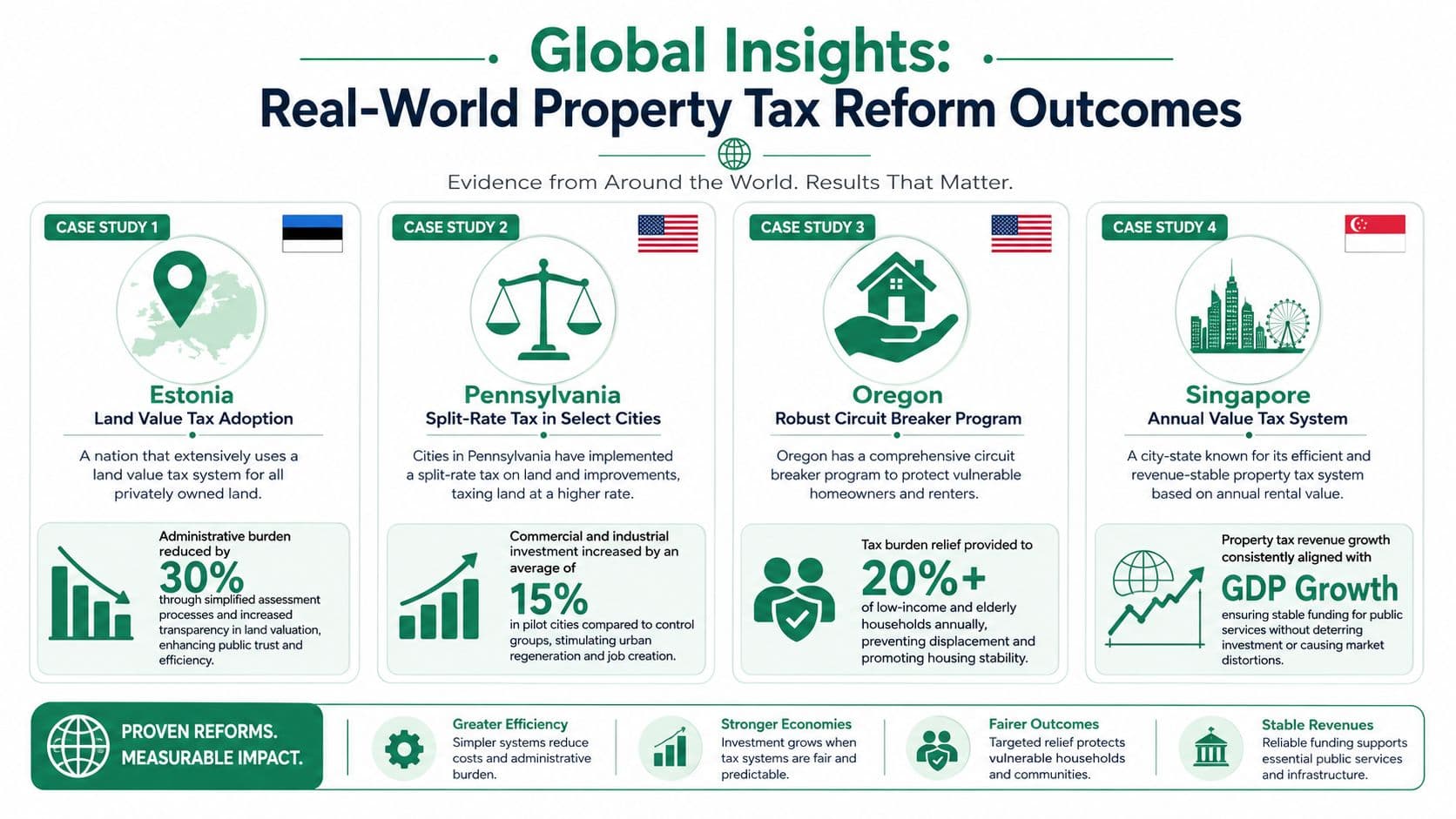 An infographic summarizing four real-world property tax reform case studies from Estonia, Pennsylvania, Oregon, and Singapore.