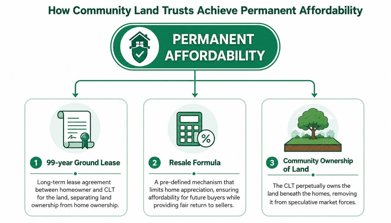 A diagram illustrating how community land trusts maintain permanent housing affordability through three key mechanisms.