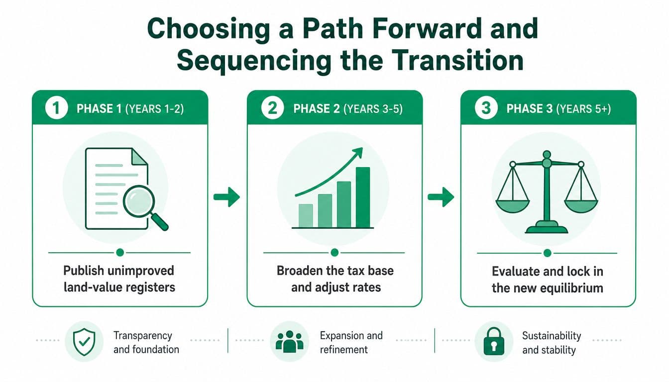 A diagram outlining a three-phase plan for implementing progressive land value tax reforms over several years.