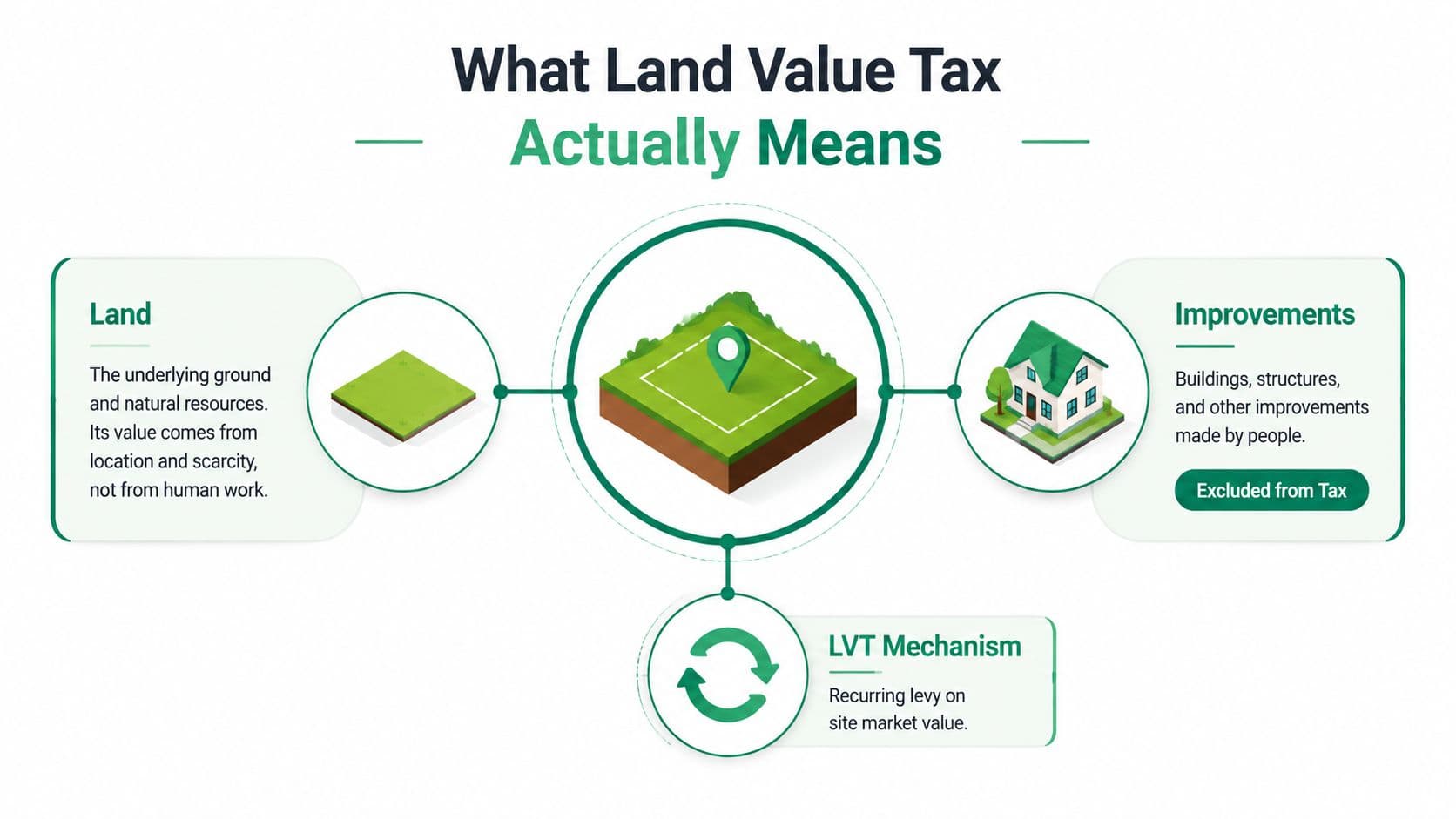 An infographic explaining Land Value Tax, showing land, improvements, and the recurring tax mechanism.