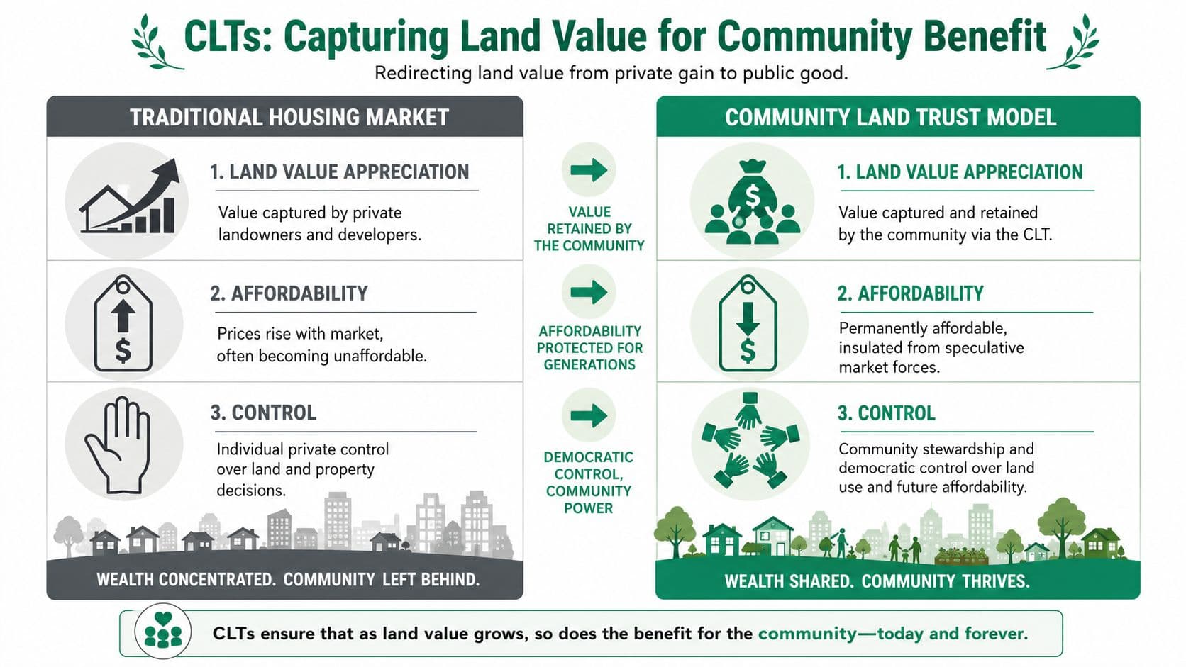 A comparison infographic showing how Community Land Trusts redirect land value for community benefit versus traditional markets.