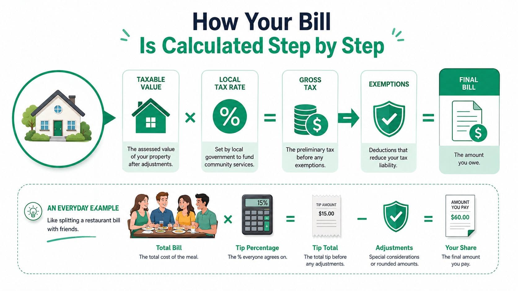An infographic illustrating the step-by-step calculation process for property taxes and a restaurant bill example.