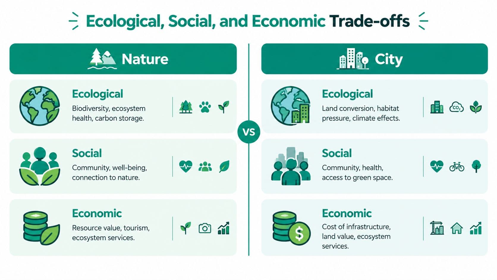 A comparison chart showing ecological, social, and economic trade-offs between nature and urban city environments.