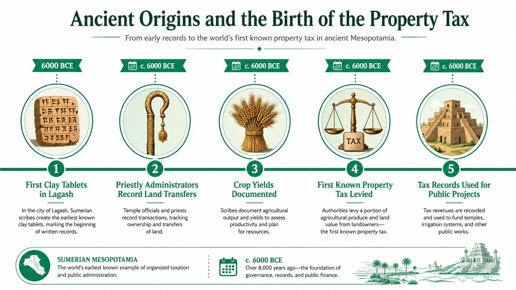 An infographic detailing the ancient origins and evolution of property tax in early Mesopotamian civilization.
