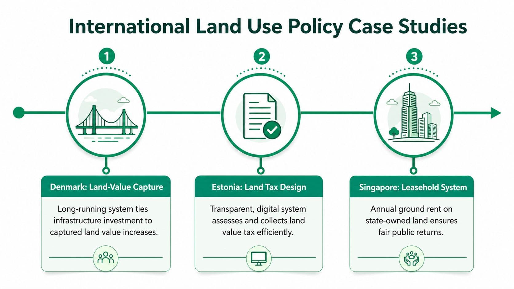 An infographic showing international land use policy case studies for Denmark, Estonia, and Singapore.