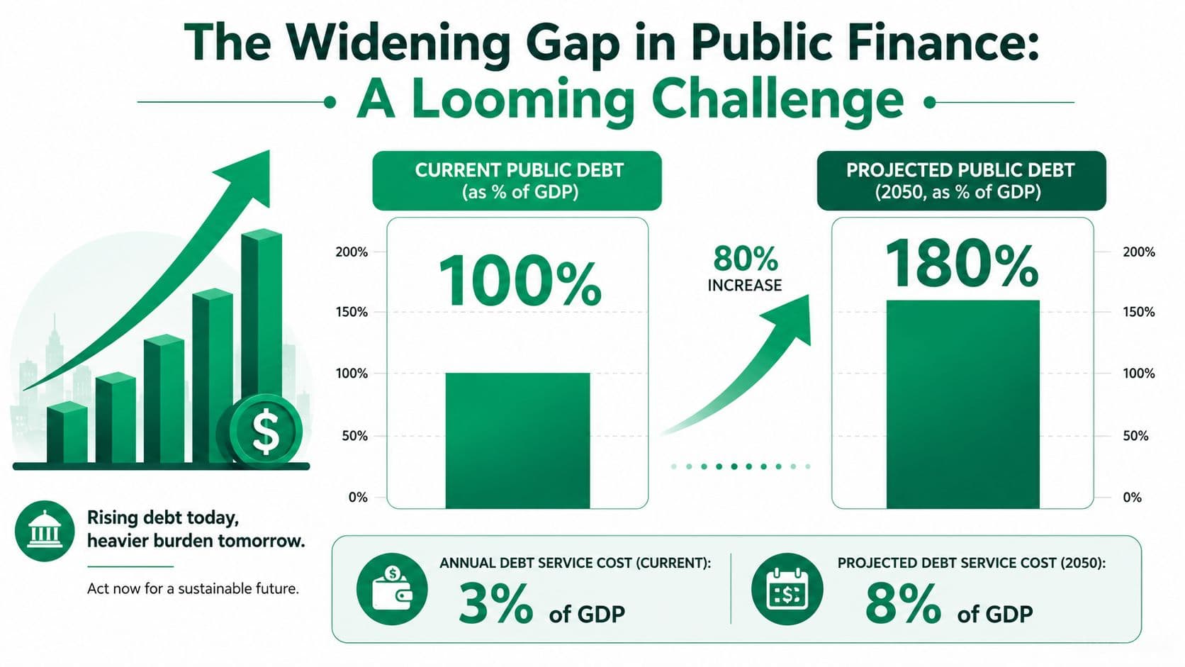 An infographic showing the widening gap in public finance with debt increasing from 100% to 180% of GDP.
