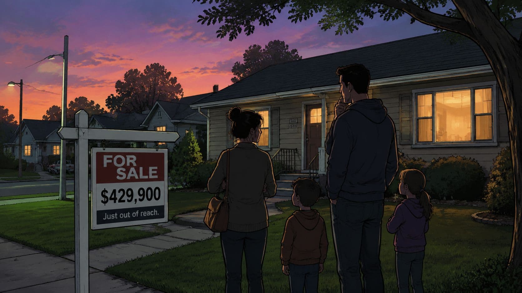 A family of four stands in their yard looking at a house for sale sign.