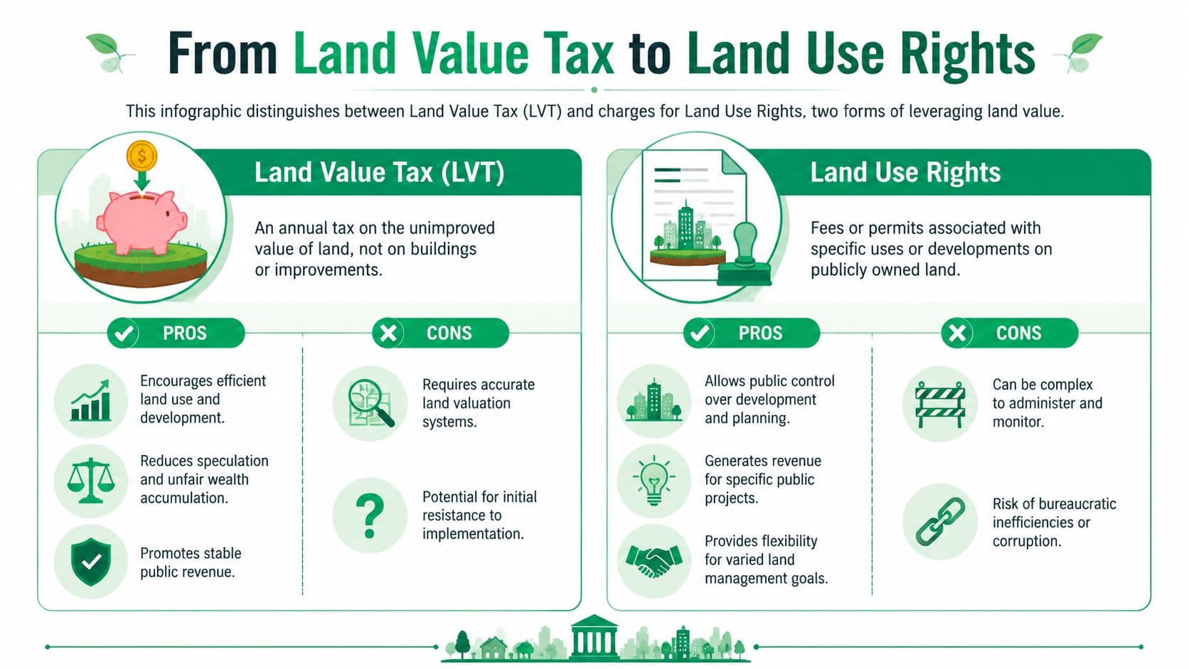 An infographic comparing Land Value Tax and Land Use Rights with pros and cons listed for each.