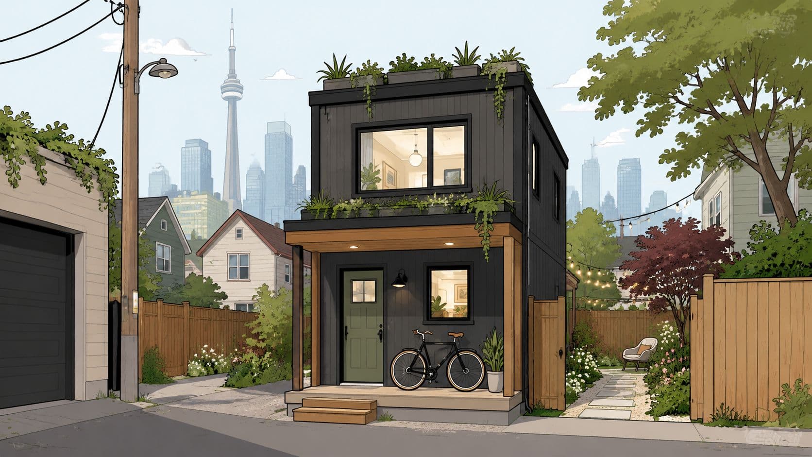 A modern small house with a bike on the porch, set against a city skyline backdrop.