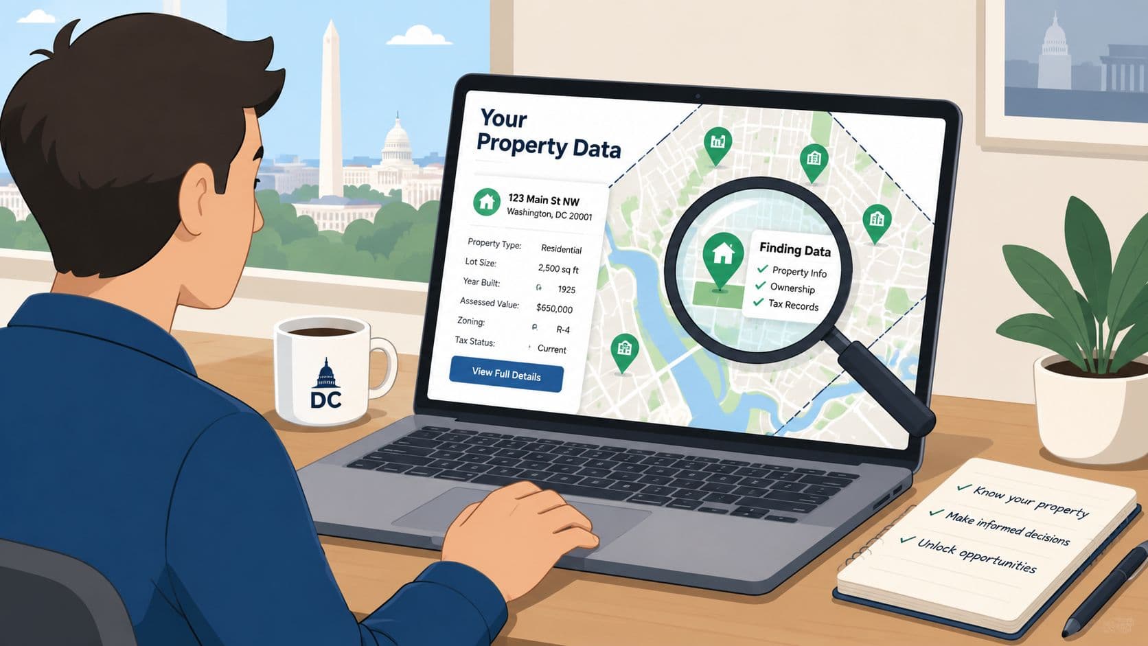 A person using a laptop to research property tax data in Washington DC with a digital map.
