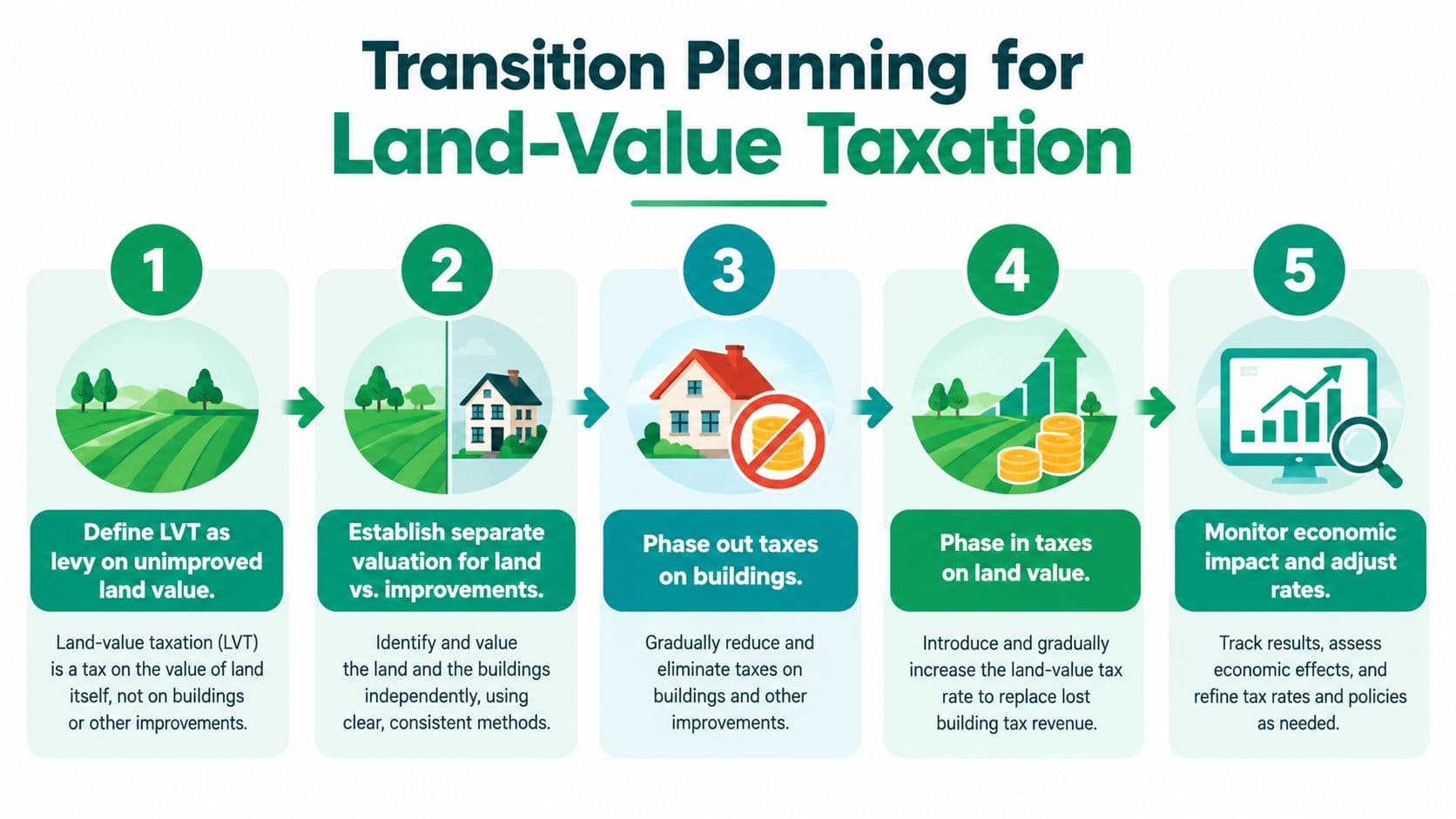 A five-step infographic showing the process for transitioning to a land-value taxation system with simple icons.