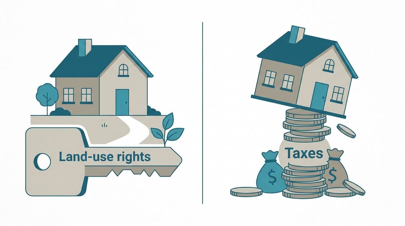 A visual comparison showing a house on a key for land-use rights versus a house on taxes.